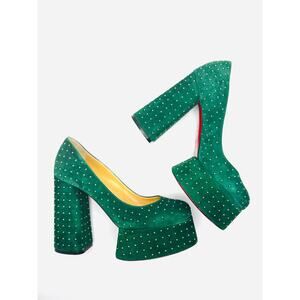 Christian Louboutin Foolish 130 Green Velvet Studded Platform Pumps Heels 38